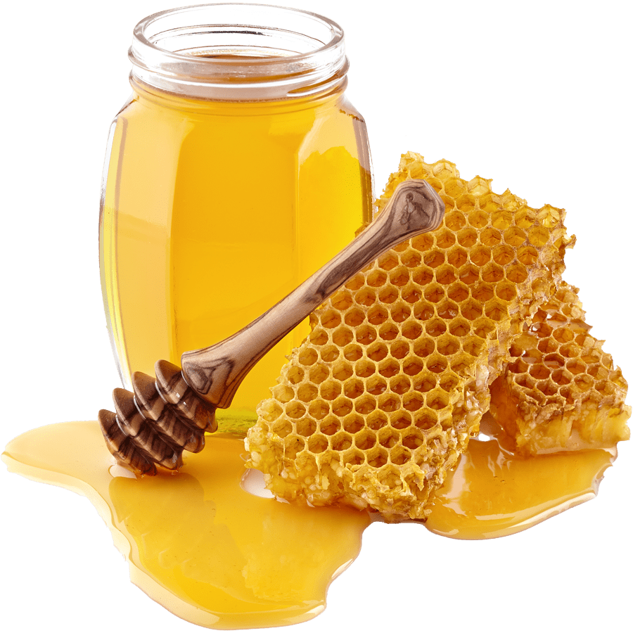 Jar of honey with honeycomb